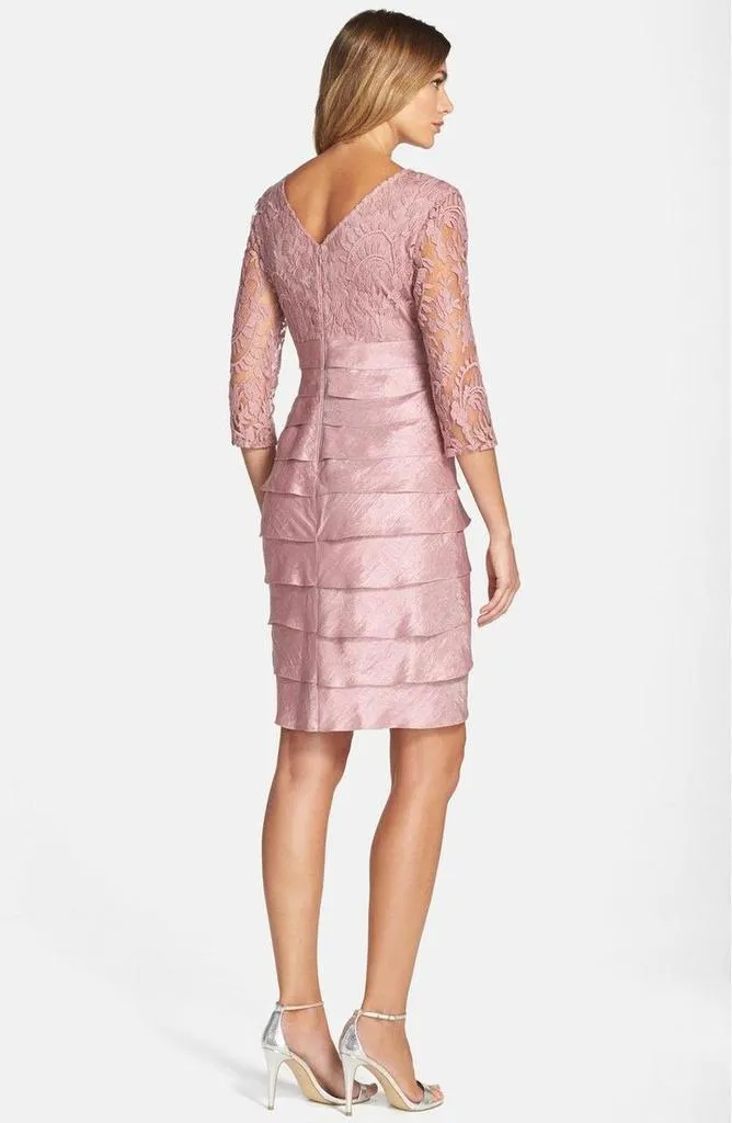 Adrianna Papell 12245620 V-Neck Lace Bodice Tiered Sheath Mini Dress - 1 Pc. Ash Rose in Size 6 Available