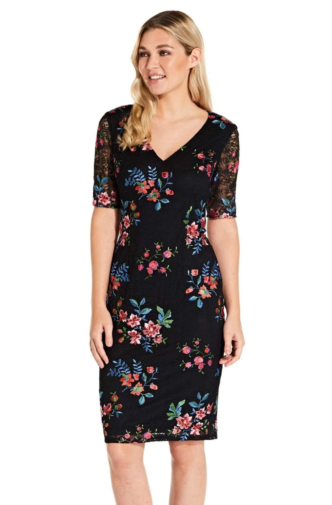 Adrianna Papell - AP1D102954 Floral Embroidered V-neck Sheath Dress