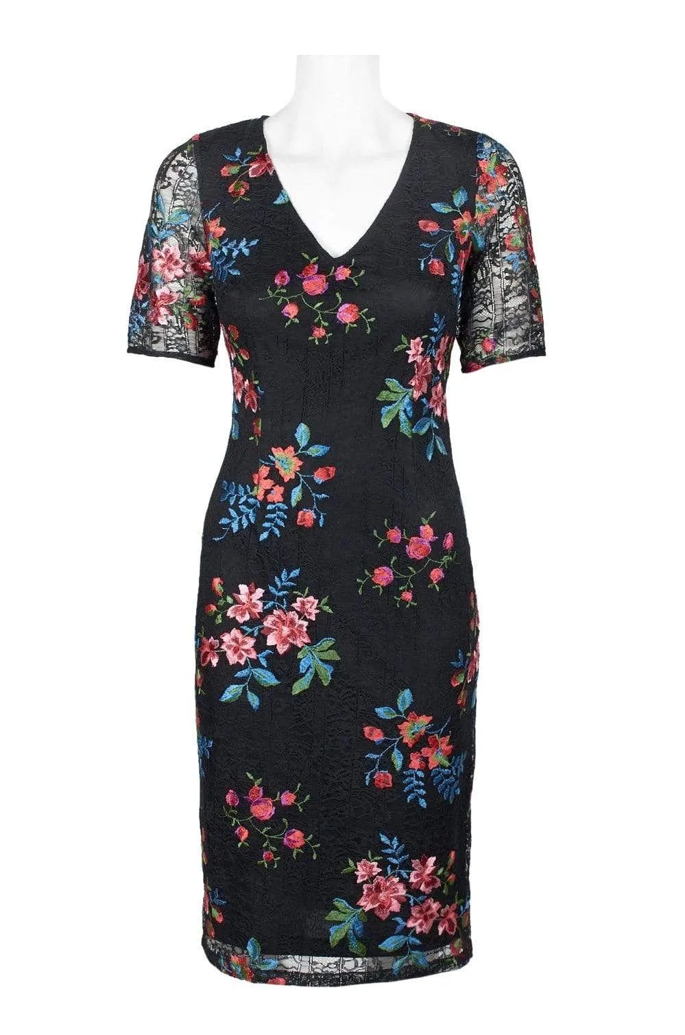 Adrianna Papell - AP1D102954 Floral Embroidered V-neck Sheath Dress