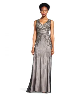 Adrianna Papell AP1E200237 Sleeveless V-Neckline Embellished Long Dress - 1 pc Platinum In Size 4 Available