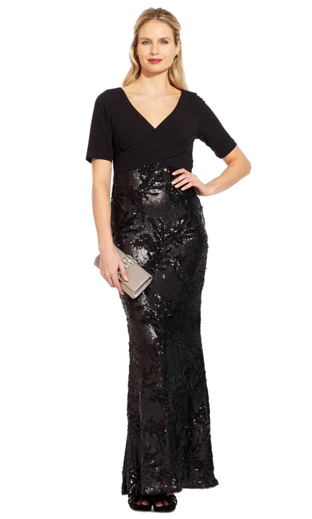 Adrianna Papell - AP1E205644 Crisscross V-Neck Sequined Crepe Dress