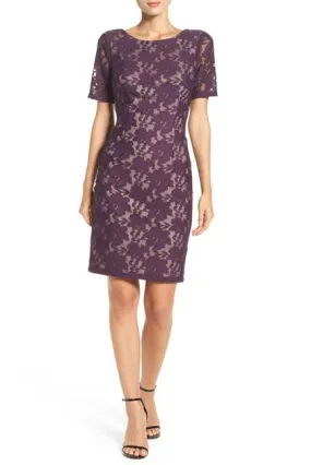 Adrianna Papell - Lace Bateau Sheath Dress AP1D100772 - 1 Pc Plum Wine in Size 8 Available