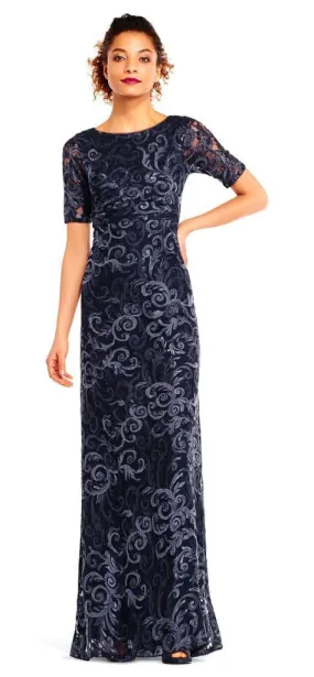 Adrianna Papell - Sequin Lace Embroidered Swirl Mesh Dress AP1E201418 - 1 Pc Midnight in Size 10 Available