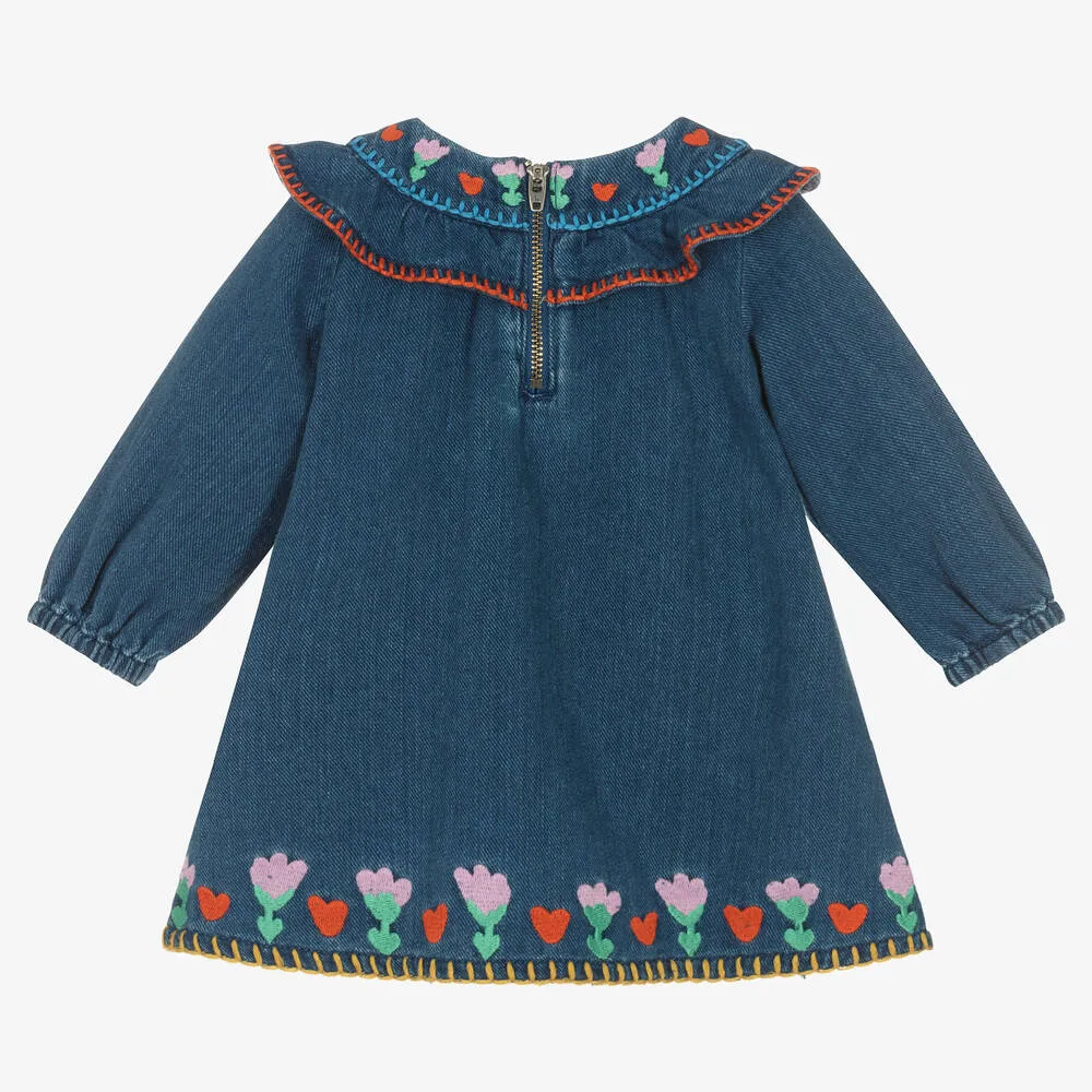 Baby Girls Blue Embroidered Denim Dress