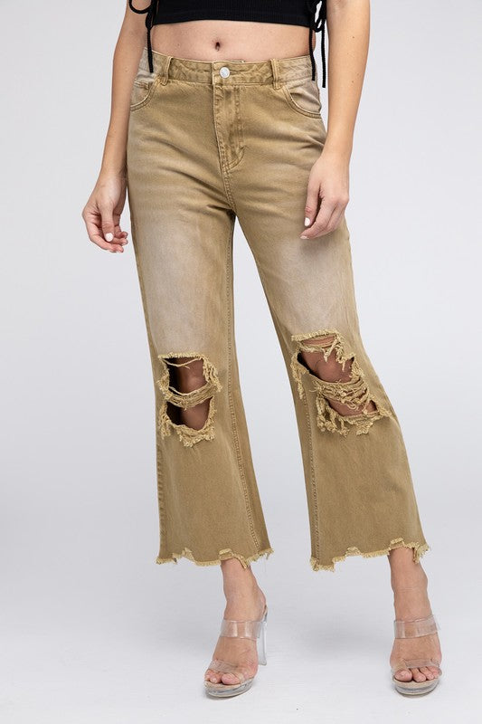 BiBi Distressed Vintage Washed Wide Leg Pants