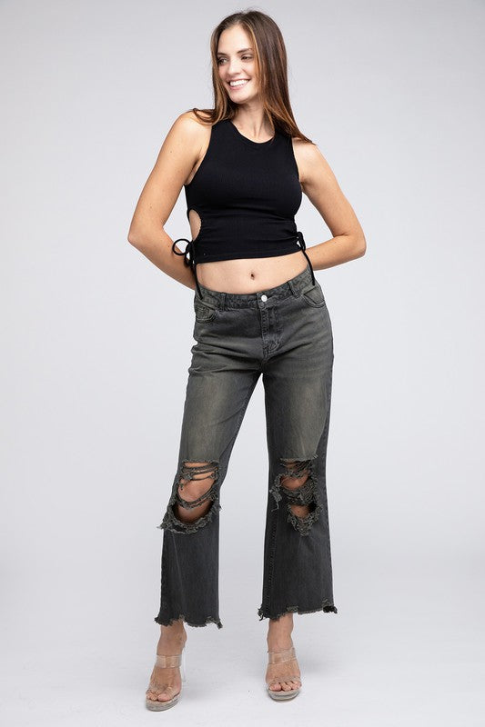 BiBi Distressed Vintage Washed Wide Leg Pants