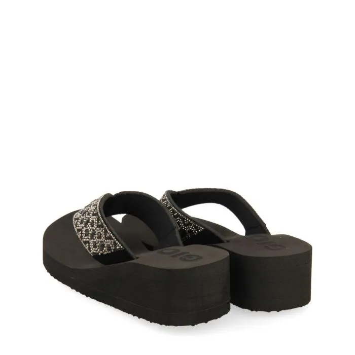 BLACK WEDGE SANDALS WITH CRYSTAL EMBELLISHMENT FOR WOMEN DRENOVE