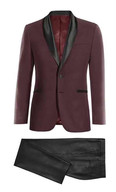  Blazer Esmoquin burdeos con solapa en negro slim fit y pantalón negro