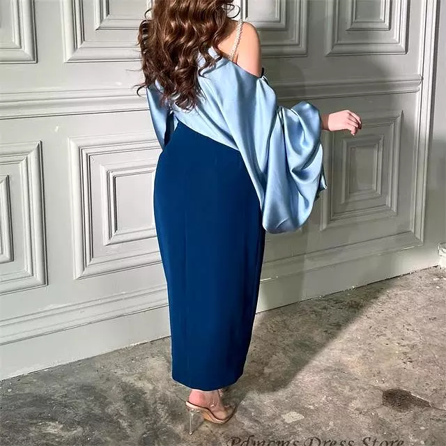 Blue Satin Mermaid Evening Vintage Long Puff Sleeves Dress 070611969 M