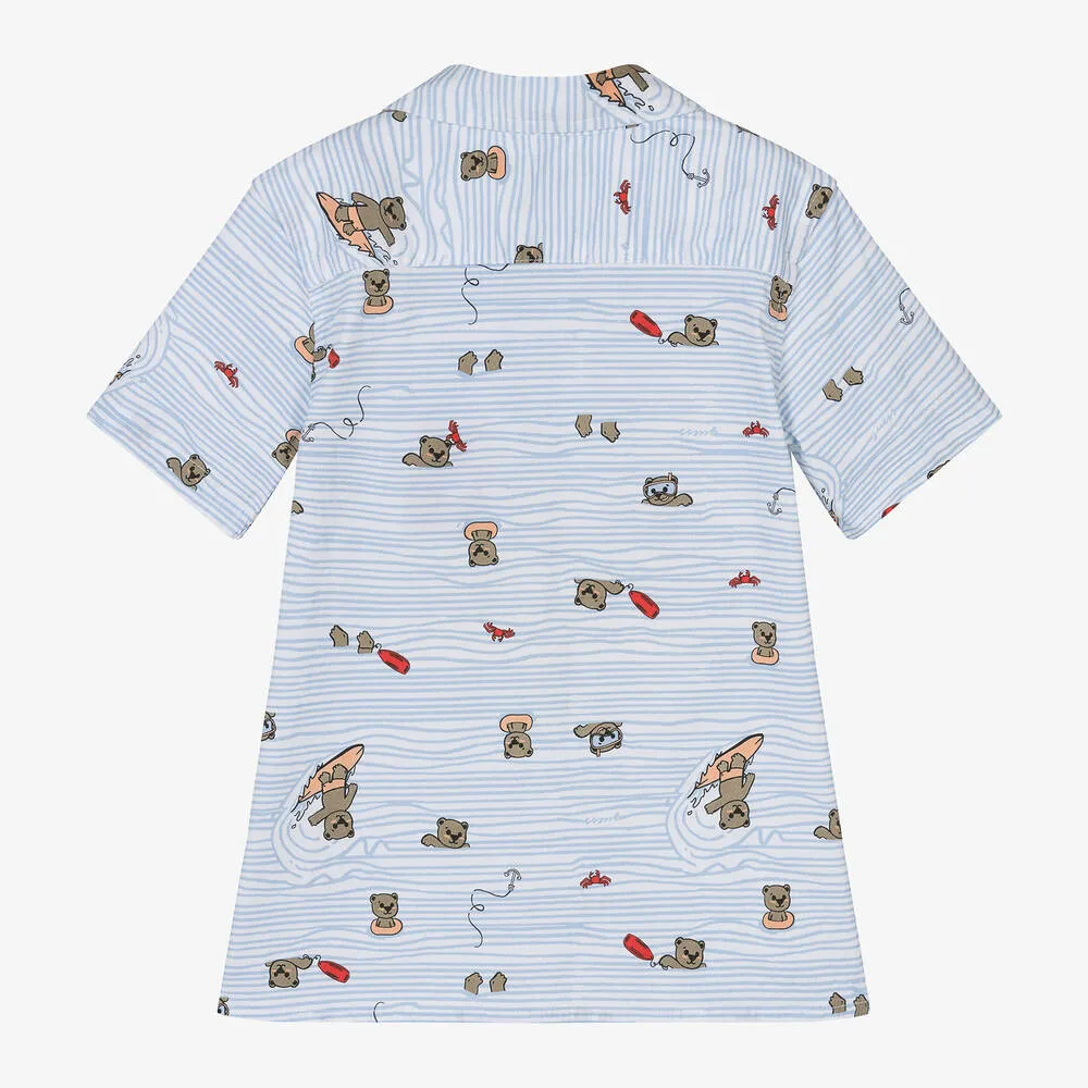 Boys Blue & White Cotton Bears Shirt