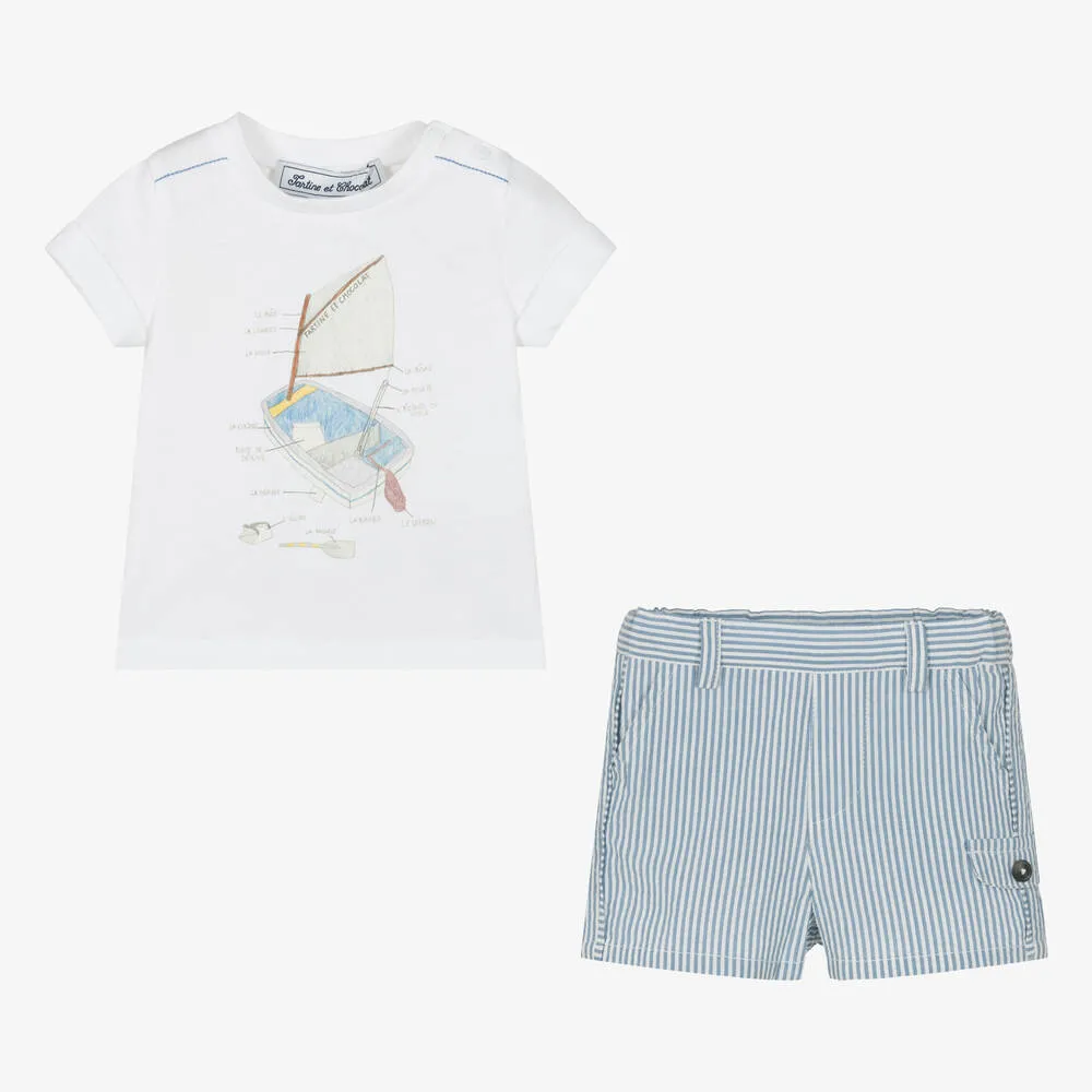 Boys Blue & White Cotton Shorts Set