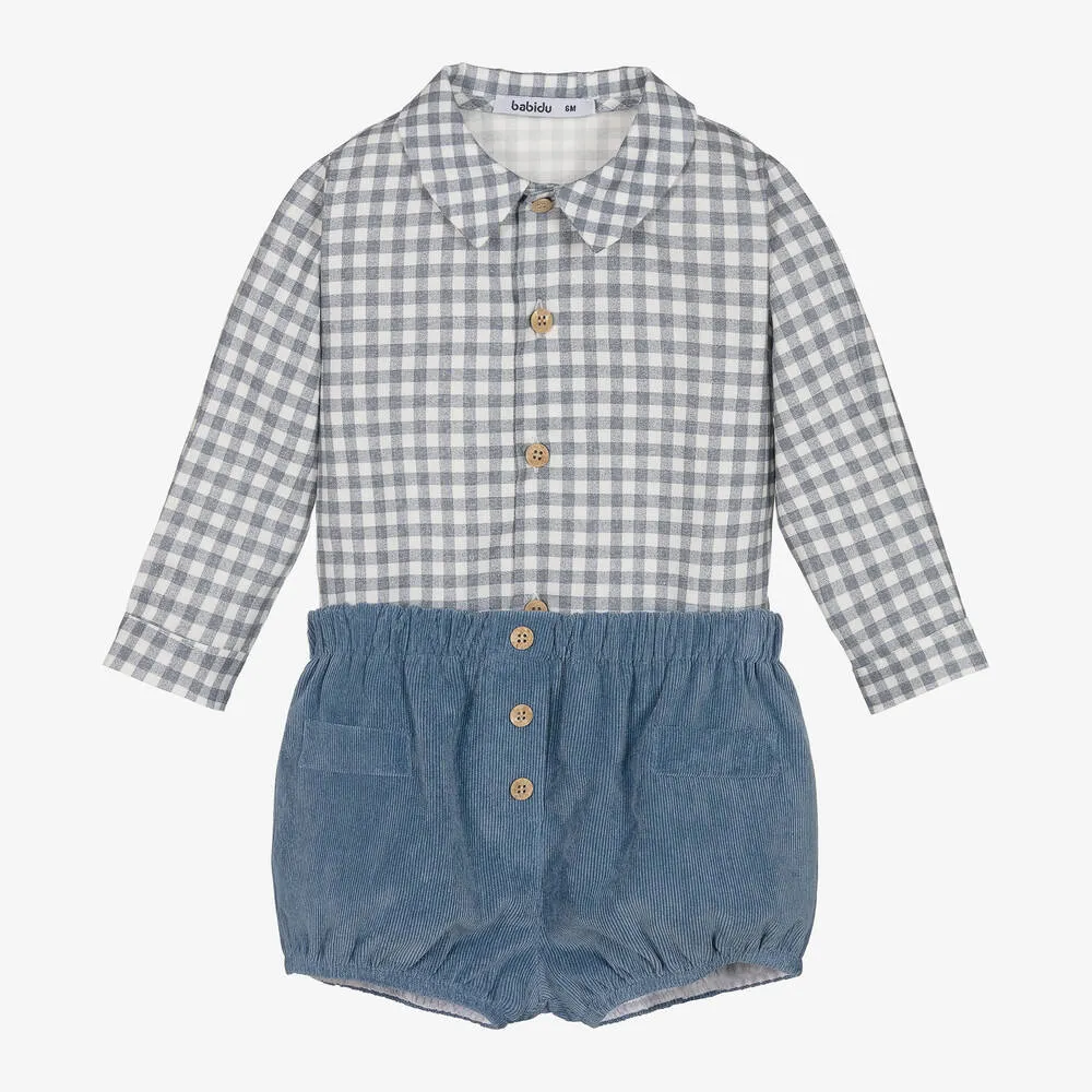 Boys Blue Check Cotton Shorts Set