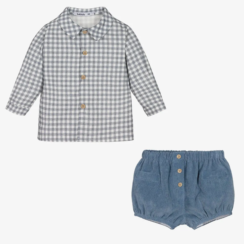 Boys Blue Check Cotton Shorts Set