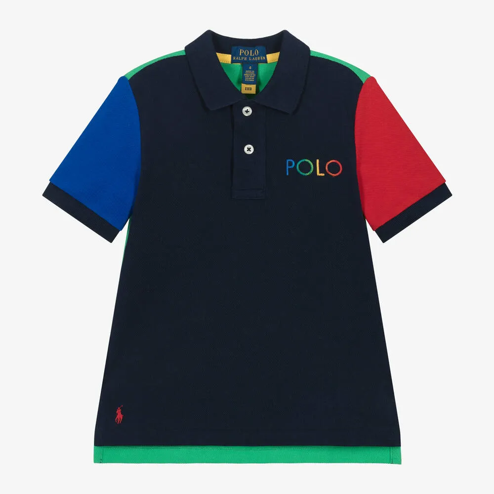 Boys Blue Colourblock Cotton Polo Shirt