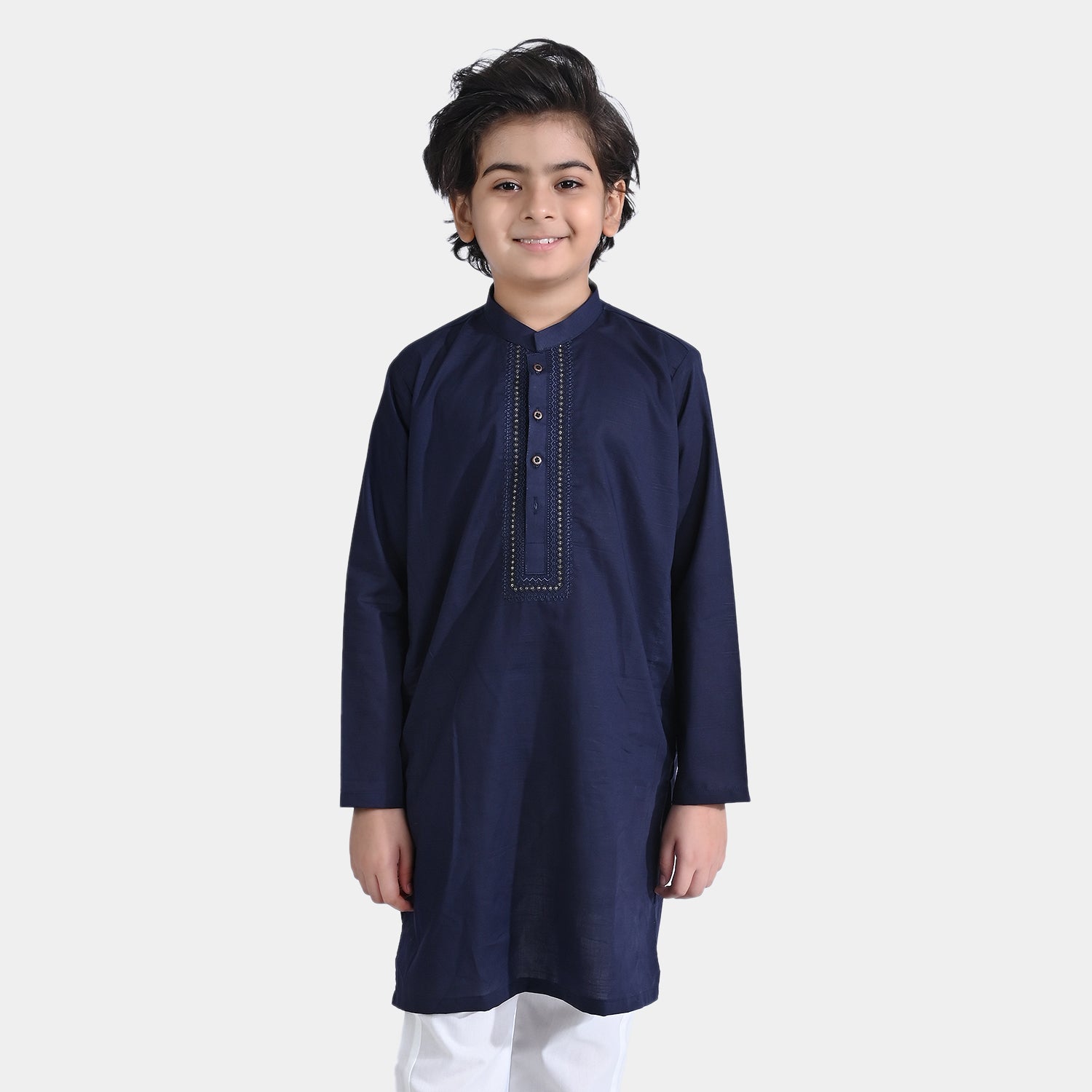 Boys Cotton Slub Embroidered Kurta (Sequins EMB)-NAVY