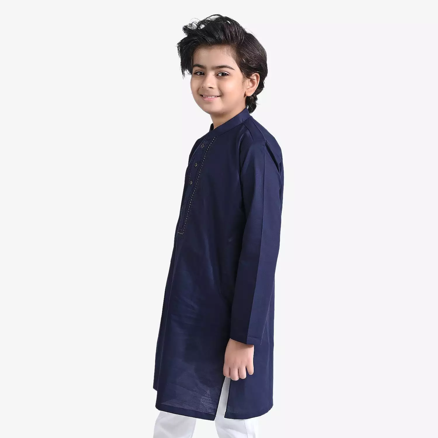 Boys Cotton Slub Embroidered Kurta (Sequins EMB)-NAVY