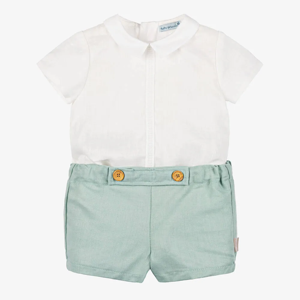 Boys Green Cotton & Linen Shorts Set