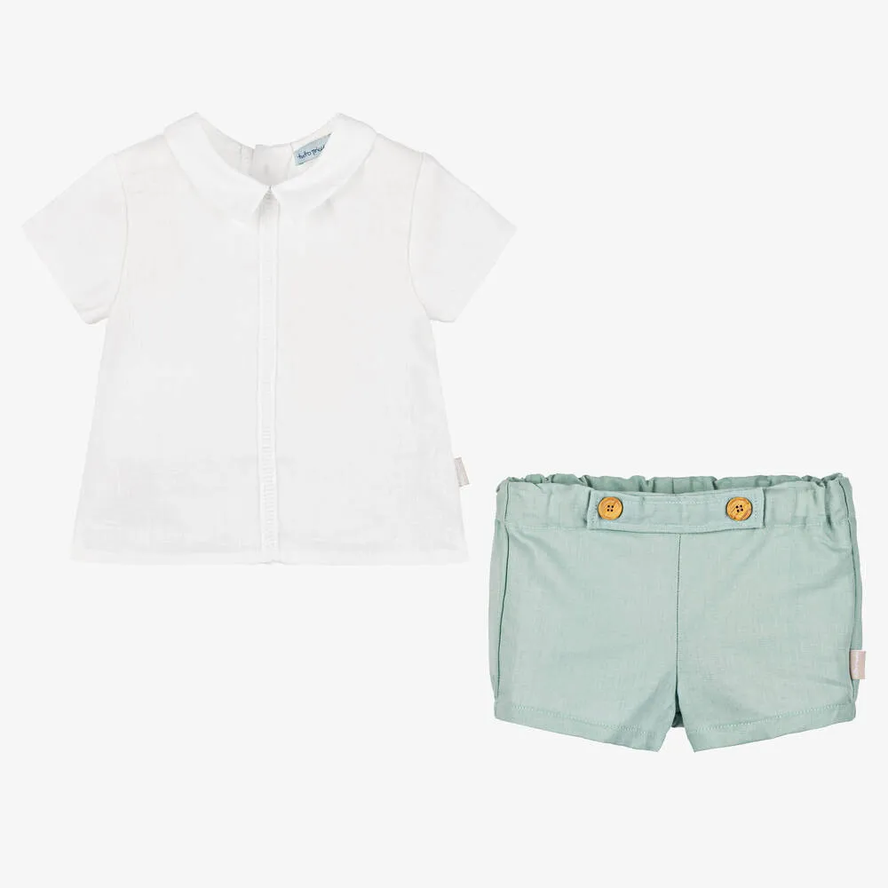 Boys Green Cotton & Linen Shorts Set