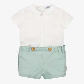 Boys Green Cotton & Linen Shorts Set