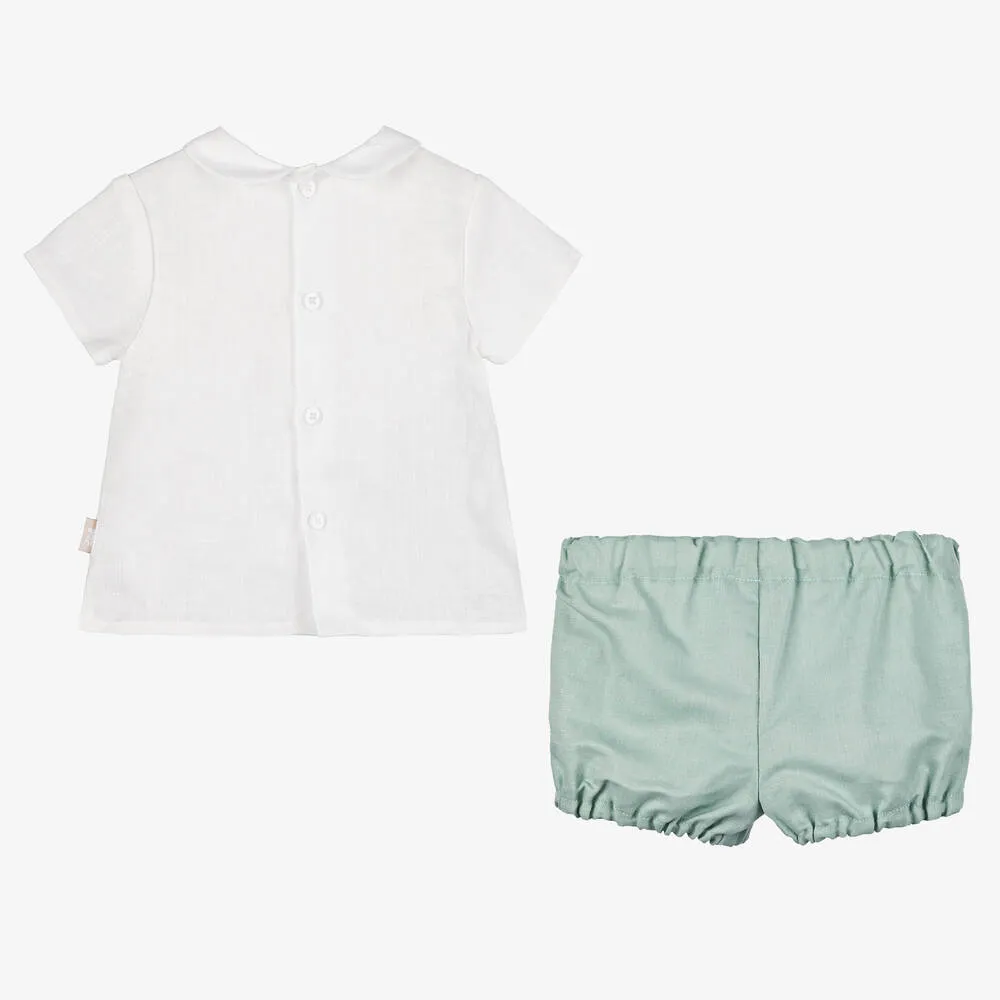 Boys Green Cotton & Linen Shorts Set