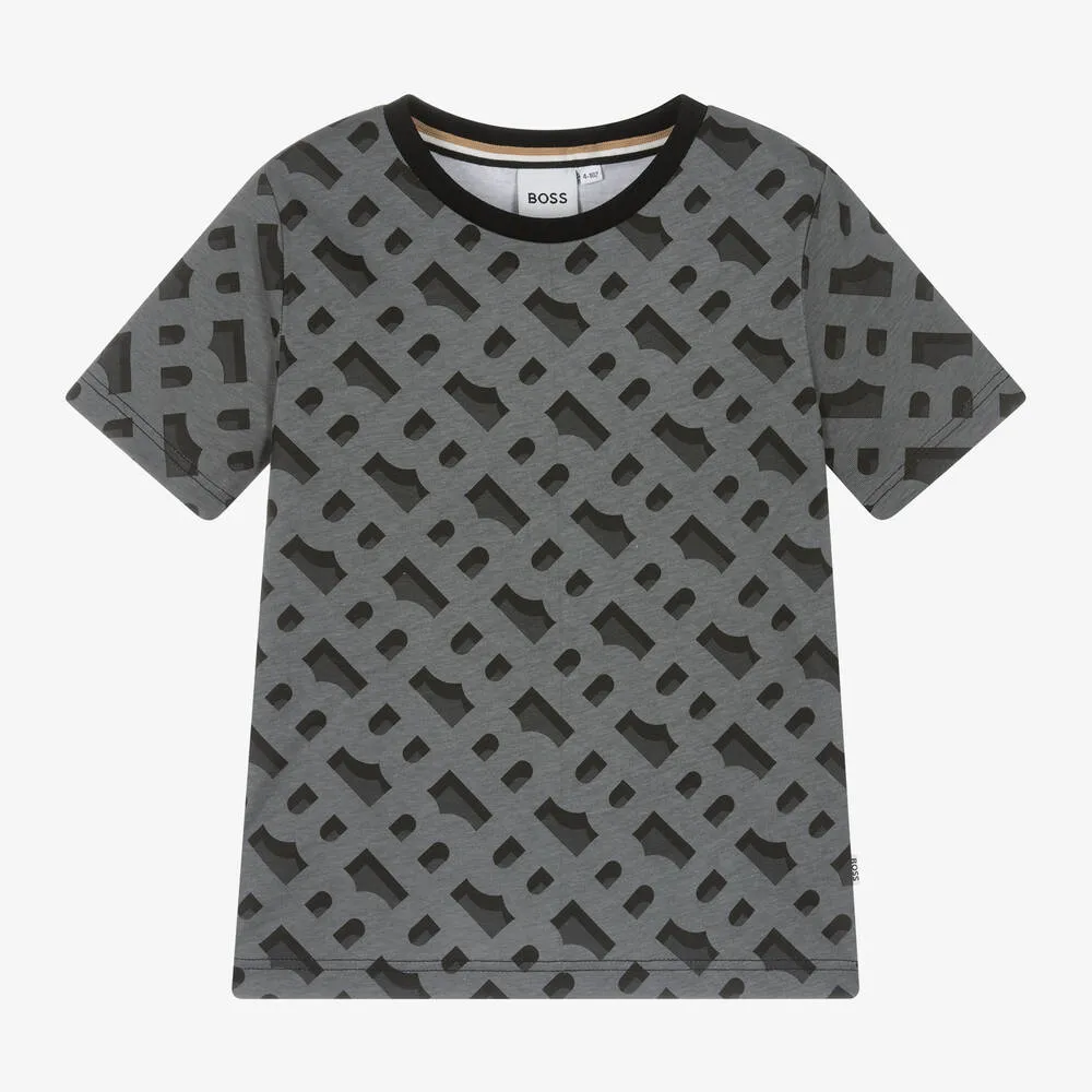 Boys Grey Monogram Cotton T-Shirt