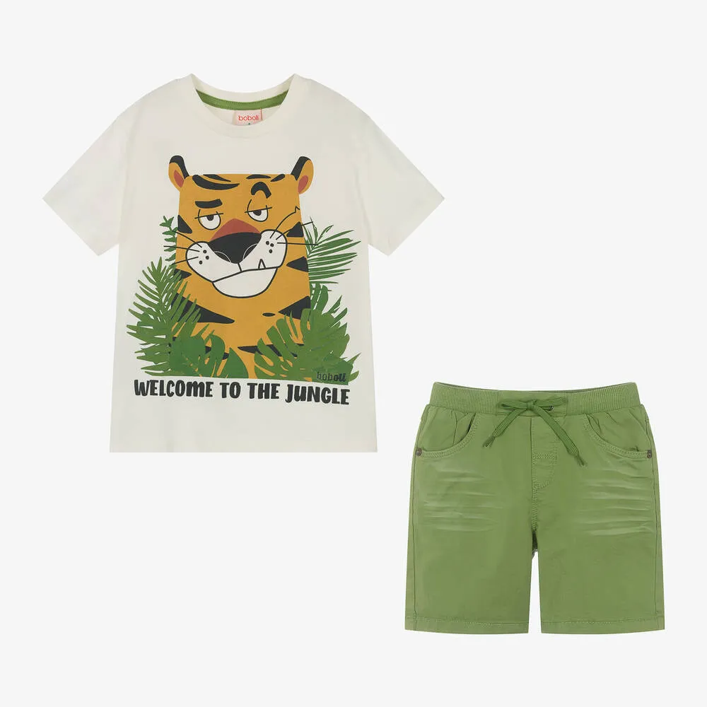 Boys Ivory & Green Cotton Shorts Set