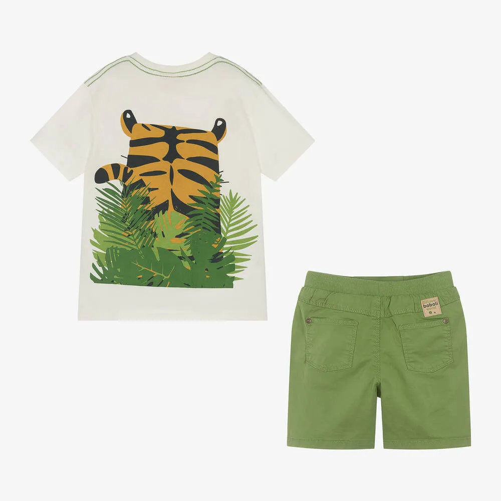 Boys Ivory & Green Cotton Shorts Set