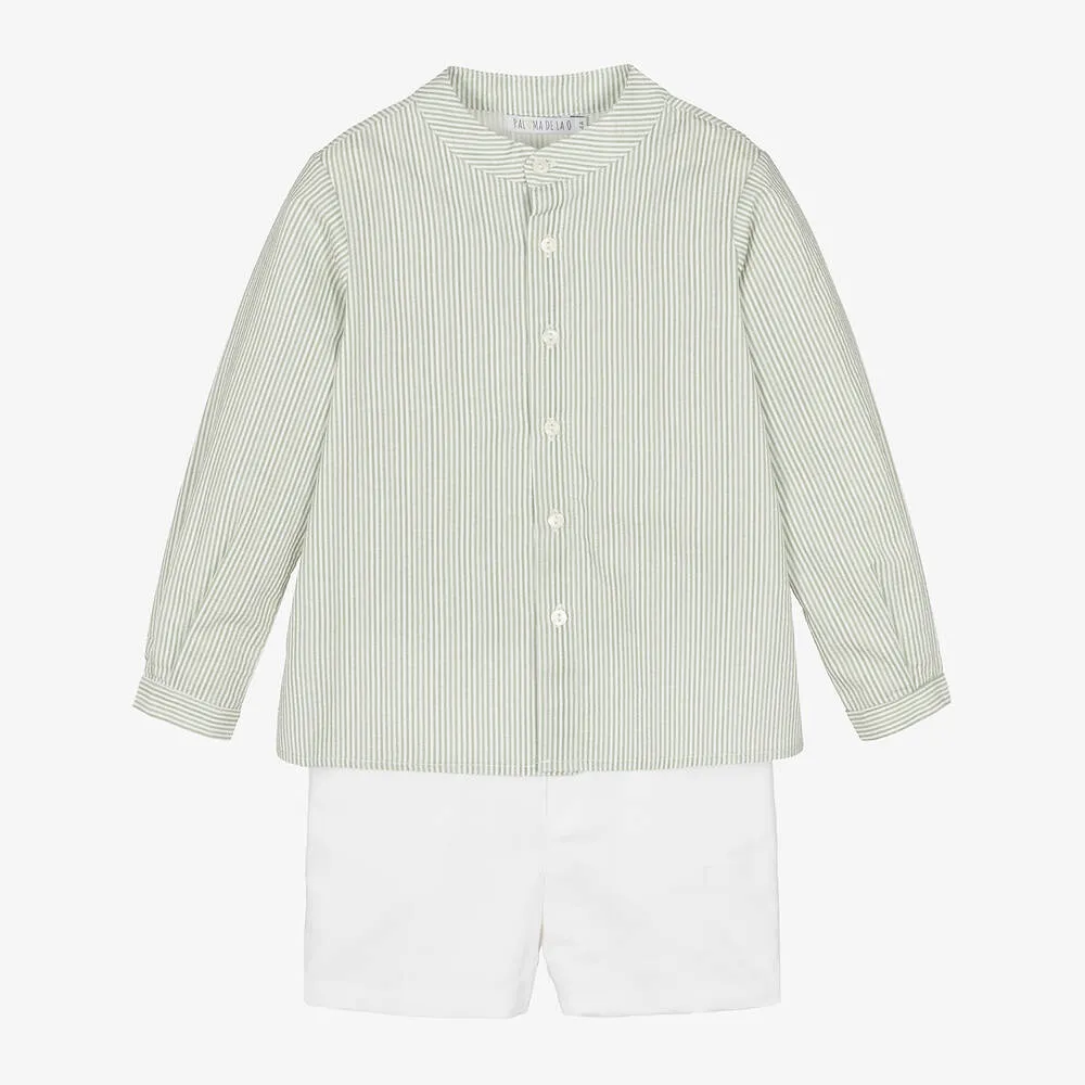 Boys Sage Green Striped Cotton Shorts Set