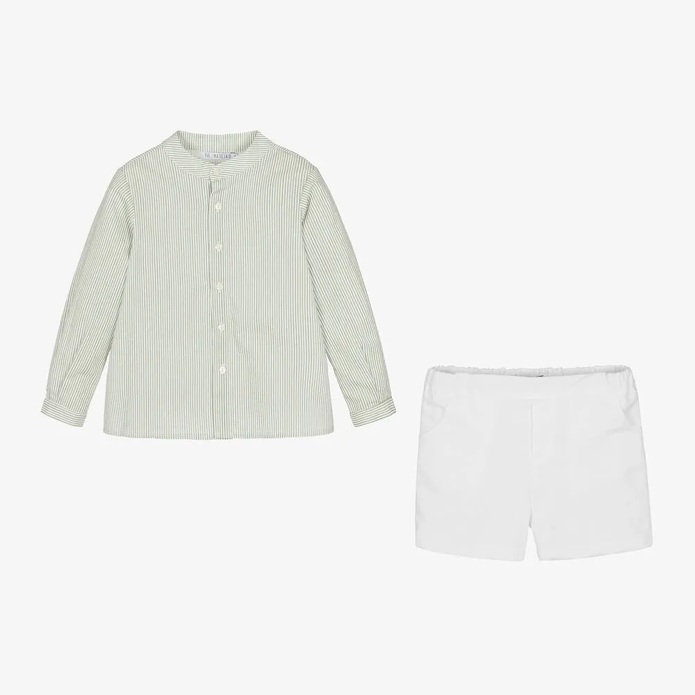 Boys Sage Green Striped Cotton Shorts Set