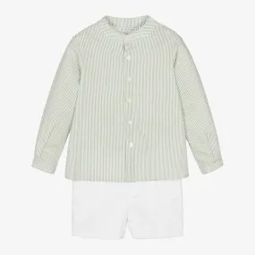 Boys Sage Green Striped Cotton Shorts Set