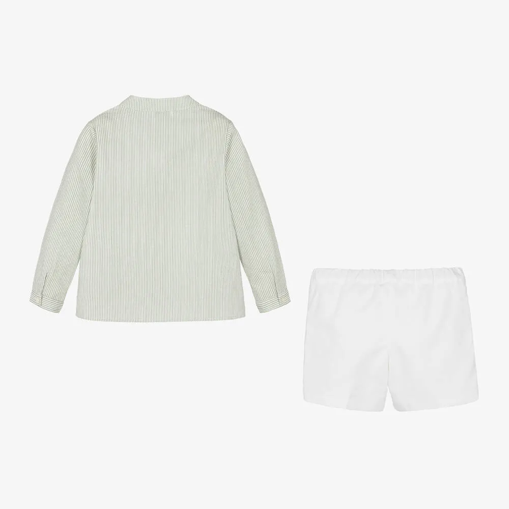 Boys Sage Green Striped Cotton Shorts Set