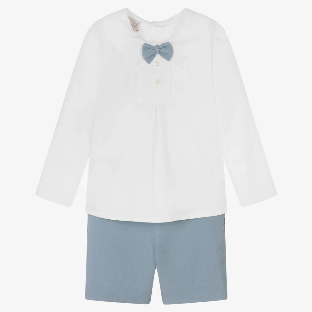 Boys White & Blue Cotton Shorts Set