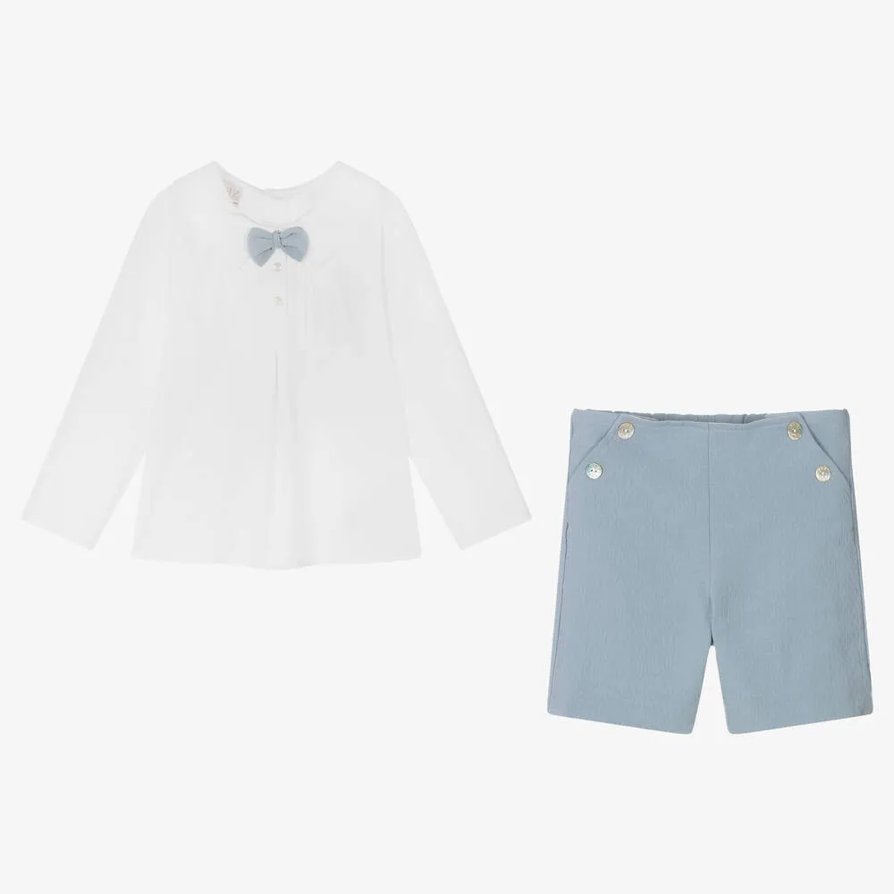 Boys White & Blue Cotton Shorts Set