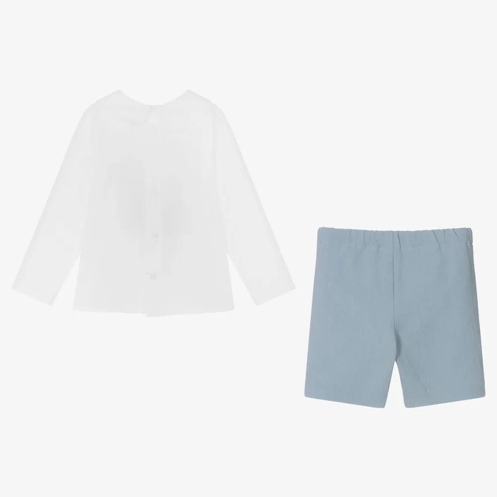 Boys White & Blue Cotton Shorts Set