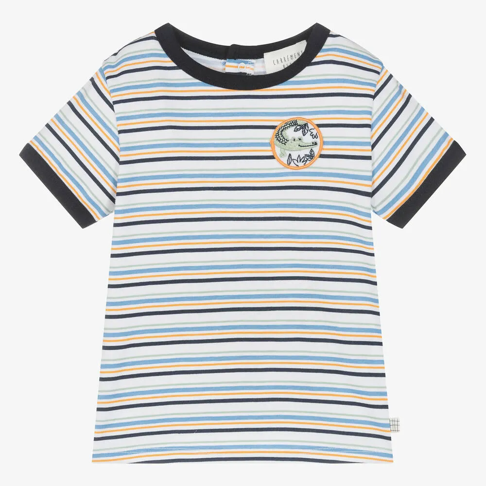 Boys White & Blue Striped Cotton T-Shirt