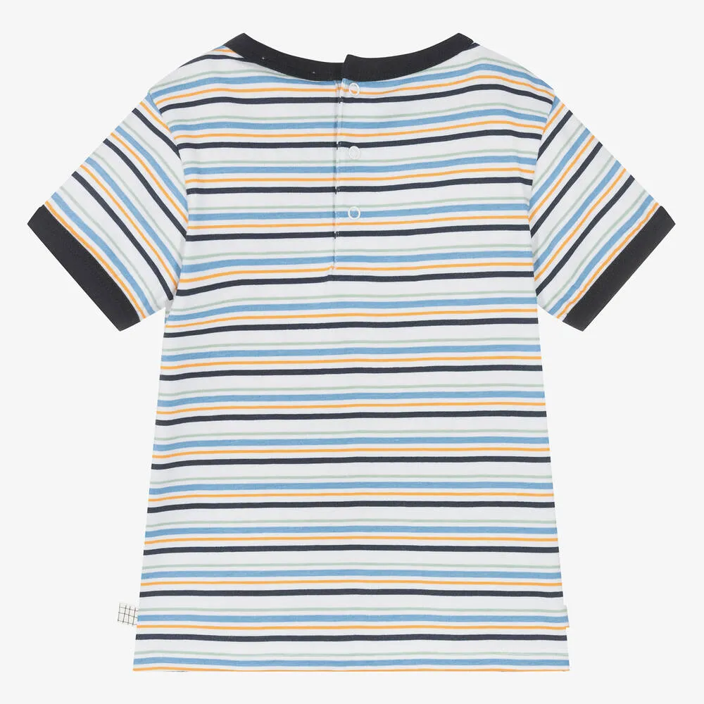 Boys White & Blue Striped Cotton T-Shirt