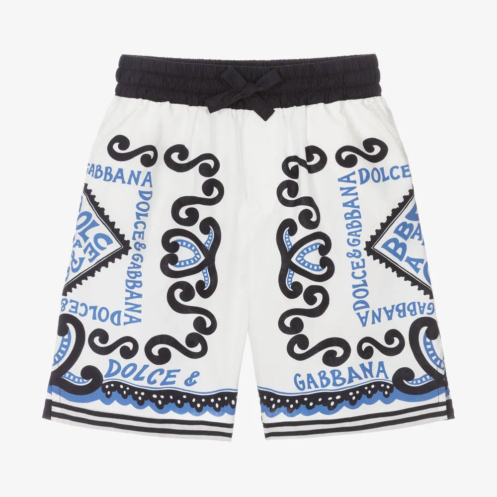 Boys White Cotton Marina Print Shorts