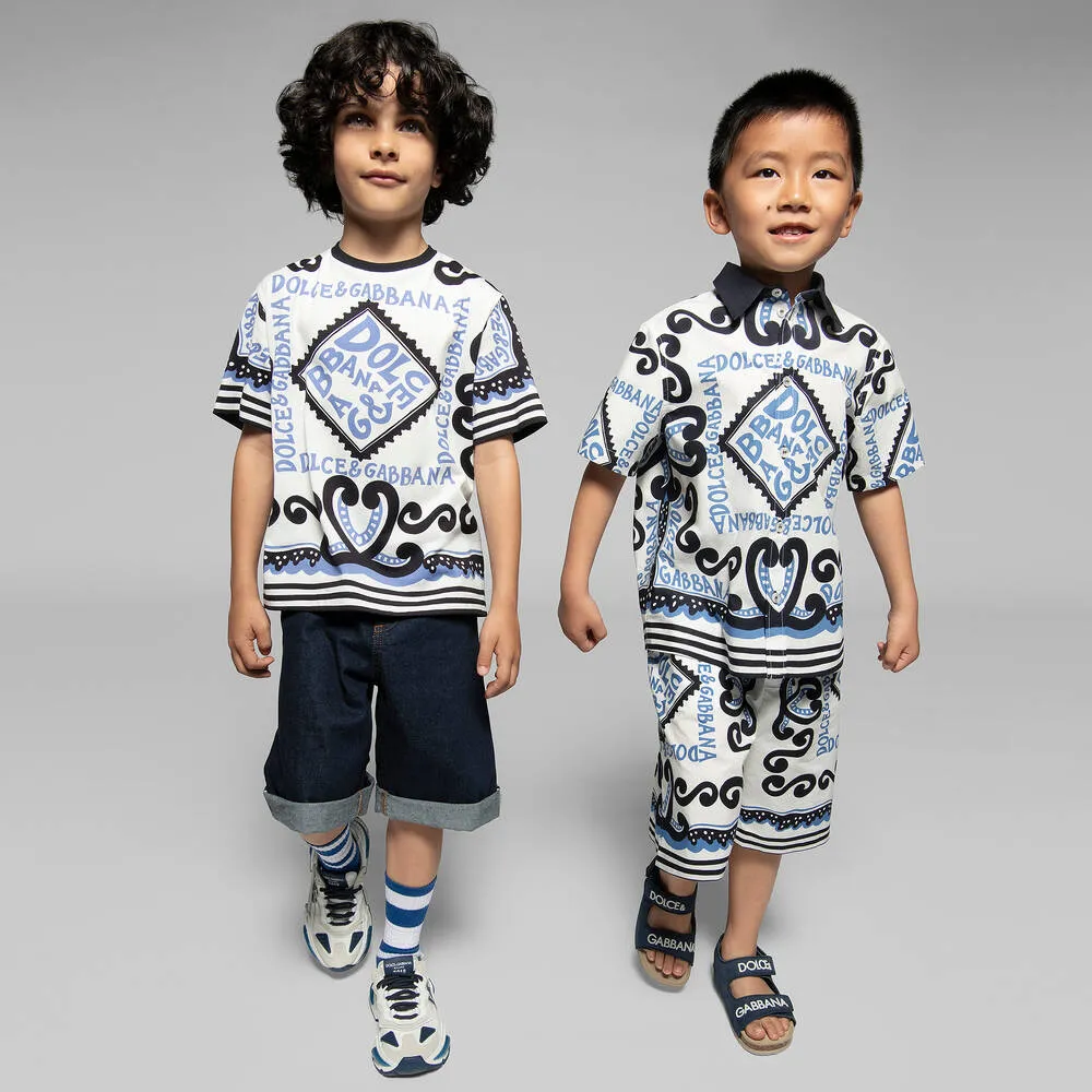 Boys White Cotton Marina Print Shorts