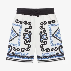 Boys White Cotton Marina Print Shorts