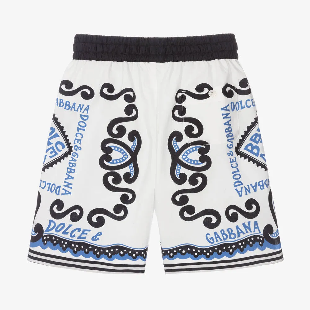 Boys White Cotton Marina Print Shorts