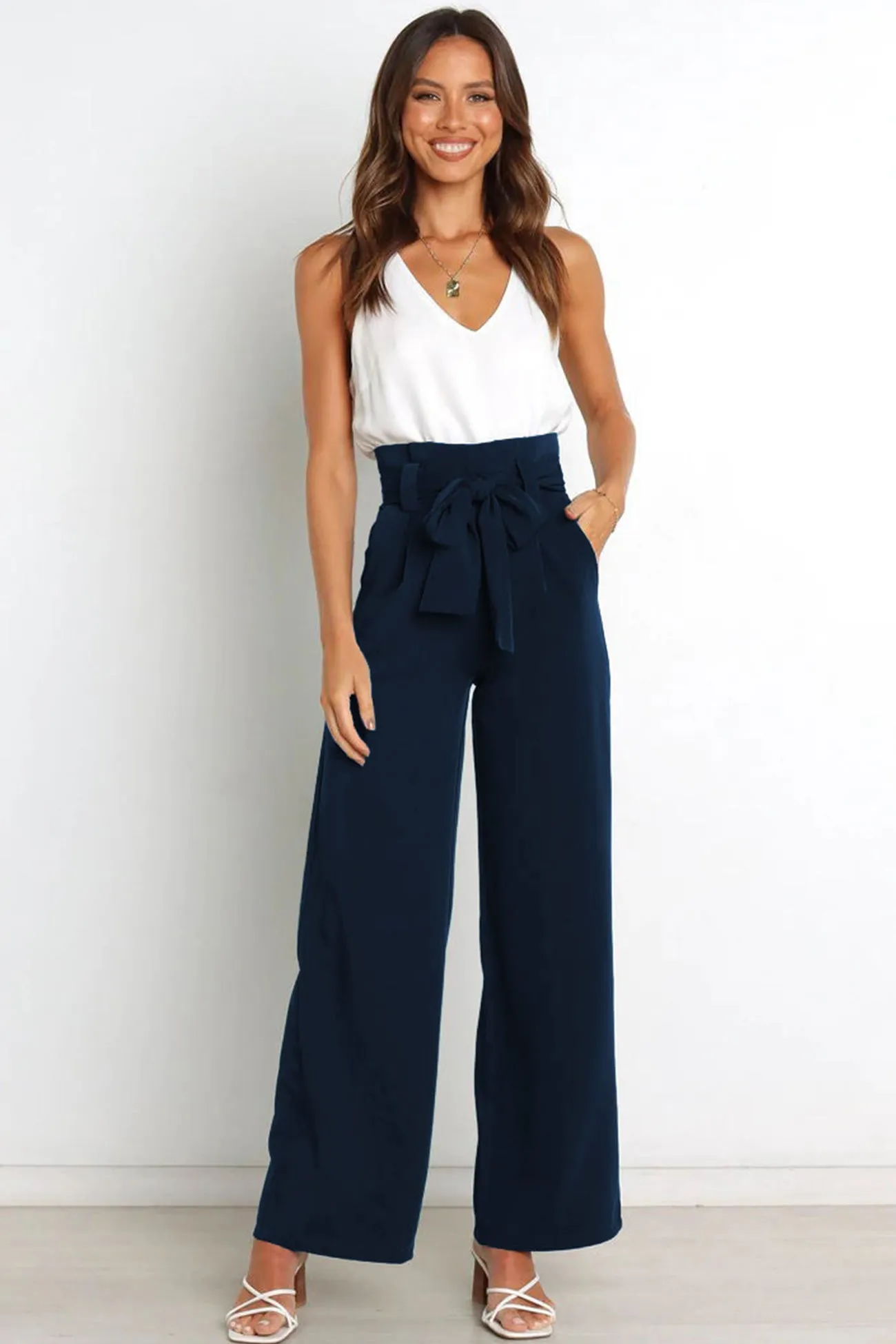 Casual Tie-Front Loose Straight Long Pants