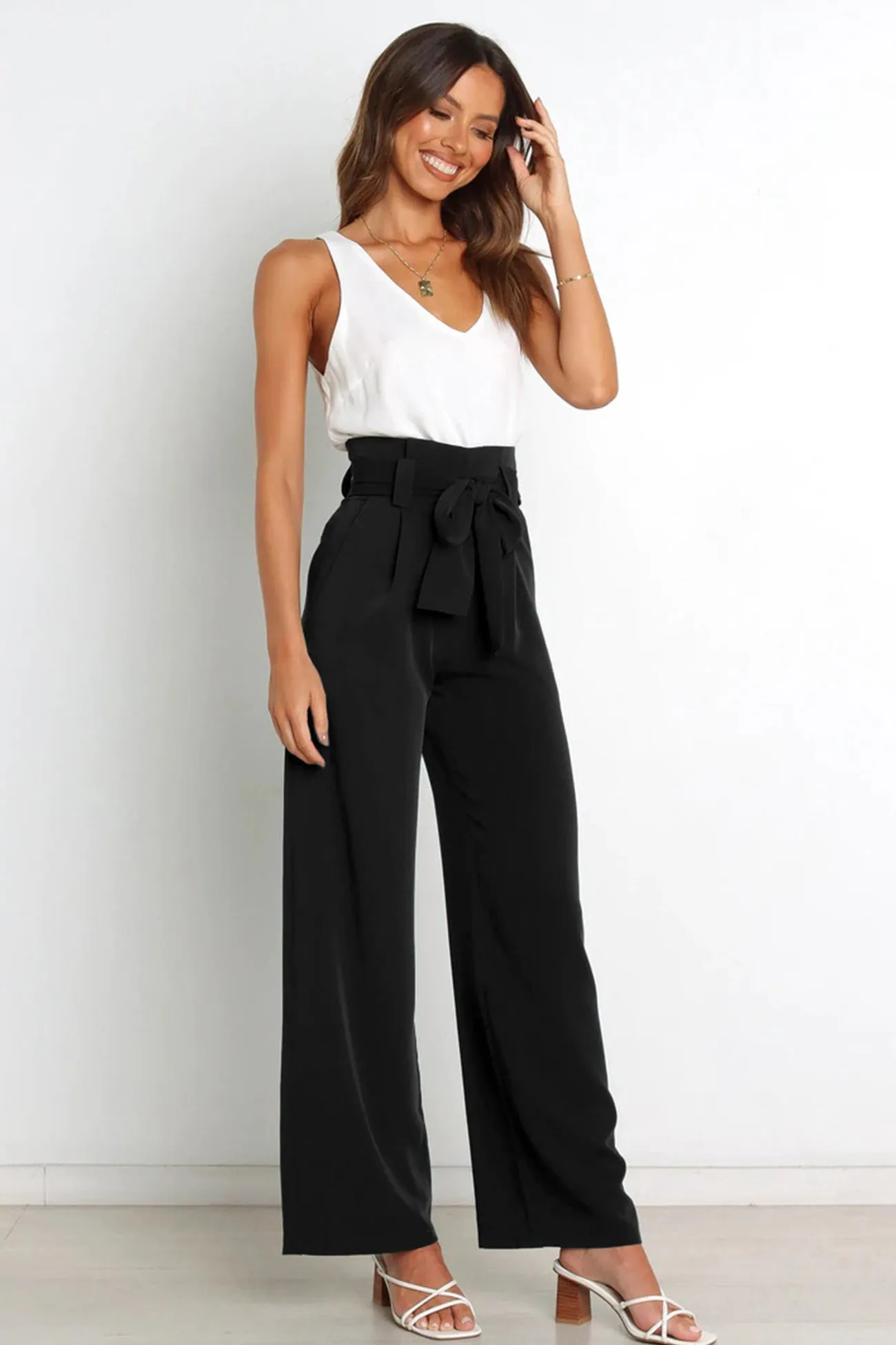 Casual Tie-Front Loose Straight Long Pants