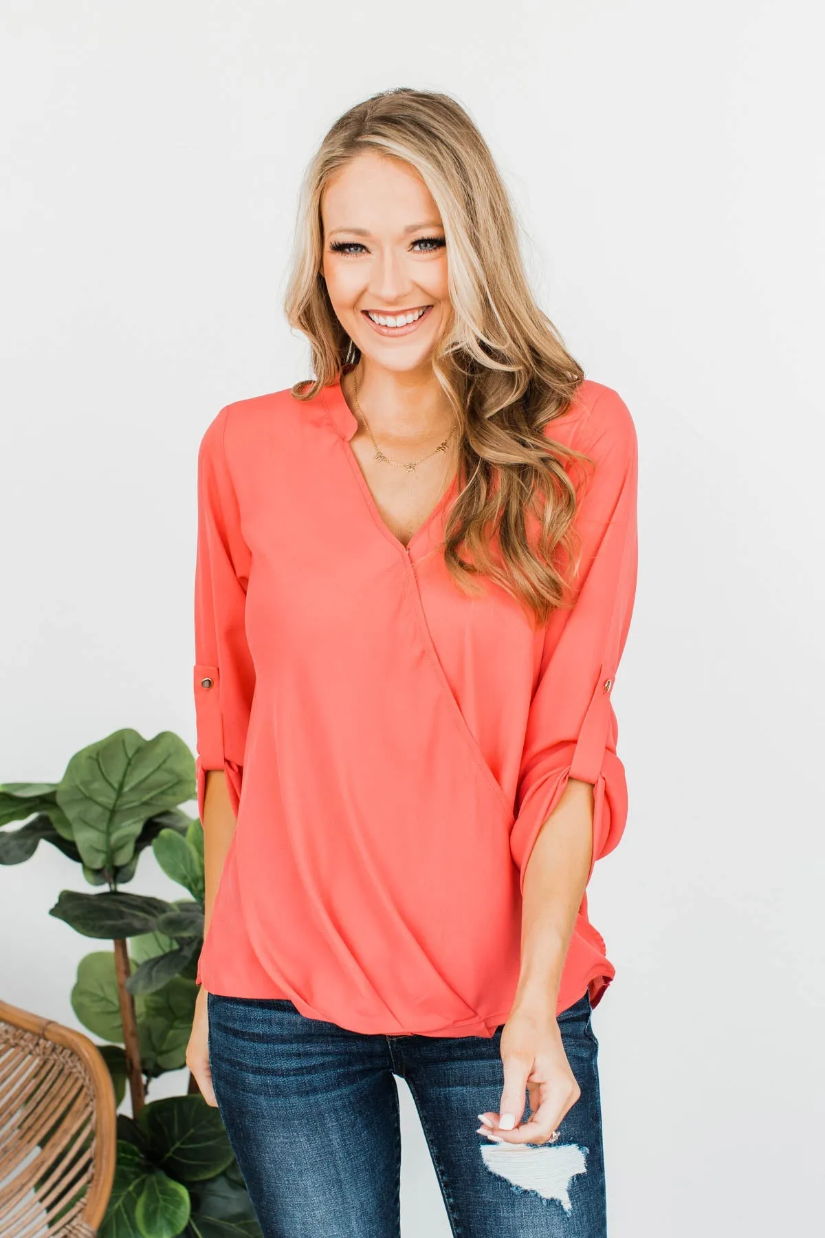 Classy Cutie V-Neck Wrap Blouse- Coral