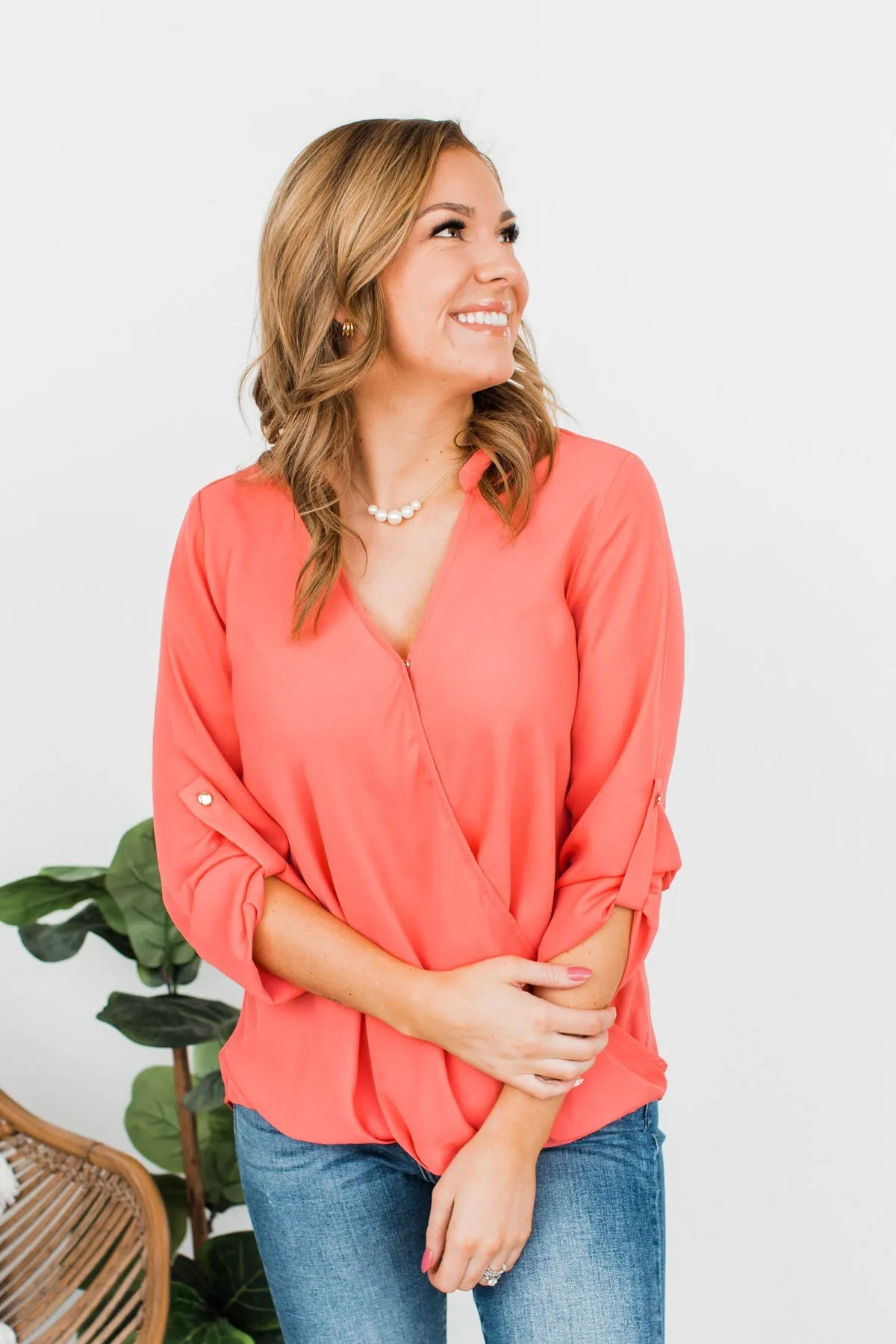 Classy Cutie V-Neck Wrap Blouse- Coral