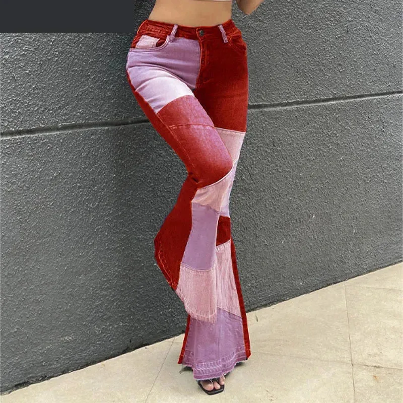 Contrast Color Patchwork High Waist Skinny Flared Pants for Women