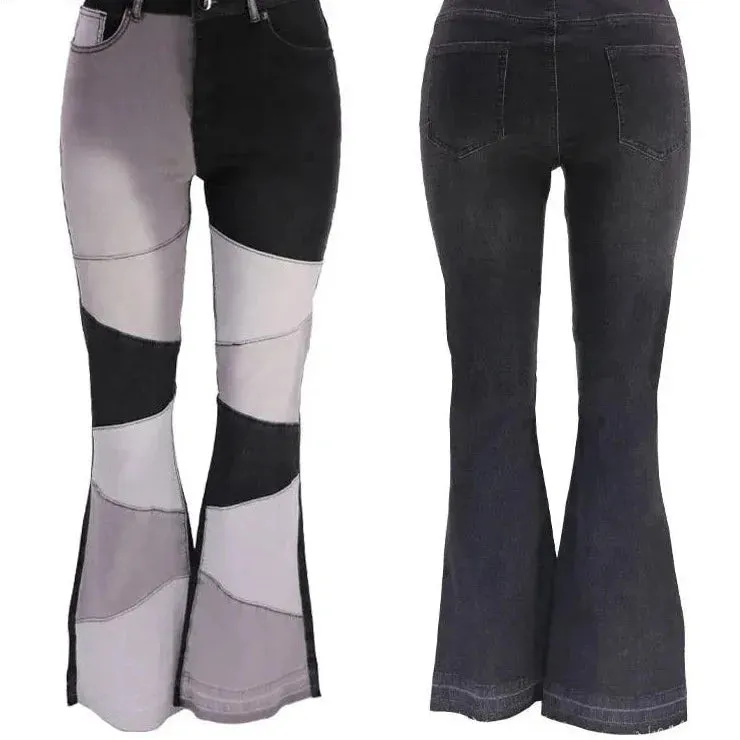 Contrast Color Patchwork High Waist Skinny Flared Pants for Women