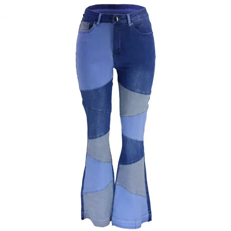 Contrast Color Patchwork High Waist Skinny Flared Pants for Women