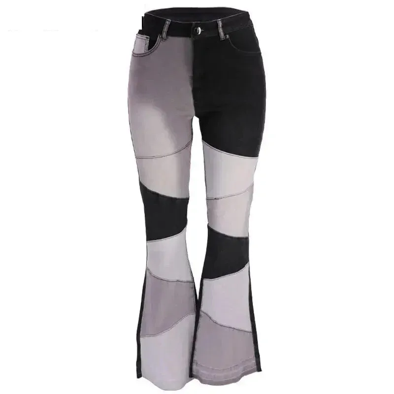 Contrast Color Patchwork High Waist Skinny Flared Pants for Women