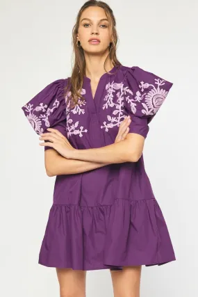 Floral Embroidered Short Sleeve V-neck Mini Dress