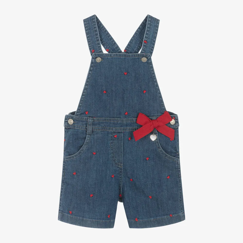 Girls Blue Denim Heart Dungaree Shorts